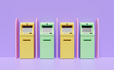 withdrawal cash with atm machine transaction isolated on purple background.3d illustration,3d render