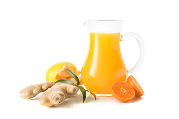 Jug with tasty juice with citrus fruits and ginger on white background