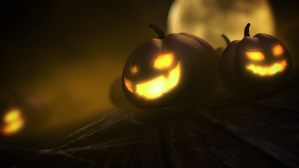 Scary carved pumpkins face glowing light with moon in halloween night background, 3d rendering.