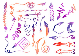 Watercolor Arrow freehand drawing. Large Set orange, purple and violet Arrows, frame, element in white background. Arrows elements for timeline, Infographic, catalog, background, website schedule