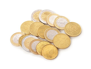 Golden coins on white background