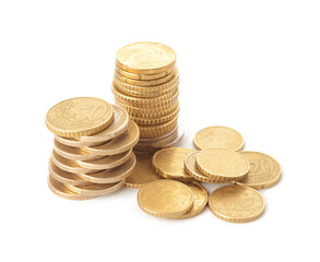 Golden coins on white background