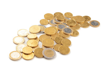 Golden coins on white background