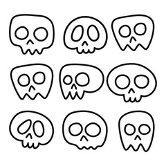 vector minimalist set of linear funny hand-drawn human skulls in doodle style isolated on white background. useful for Halloween, prints, cards, gifts, decoration, web and graphic design, tattoos