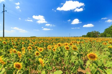 Obraz premium Beautiful blooming sunflowers field nature landscape with blue sky.