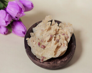 Peanut mash as a snack in your spare time. Peyek is a kind of complementary food from the fried food group. Ducks are easy to find sold in food stalls, markets, or supermarkets. Focus blur.