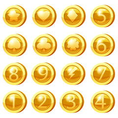 Set of Golden Coins for game apps. Gold icons star, heart, numbers symbols game UI, gaming gambling. Vector illustration