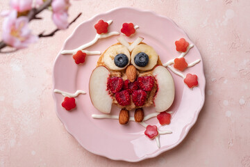 Owl pancakes with fruits for kids breakfast