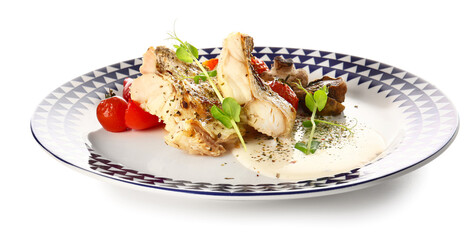Plate with tasty baked cod fillet, vegetables and sauce on white background
