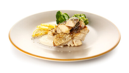 Plate with tasty baked cod fillet, sauce and broccoli on white background