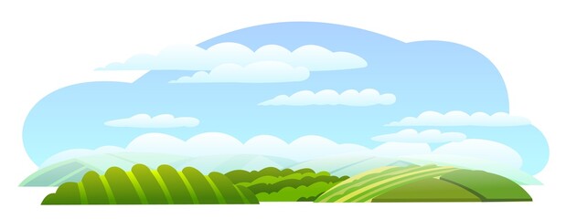 Rural hills. Farm cute landscape. Summer day. Funny cartoon design illustration. Flat style. Isolated on white background. Summer sky. Vector.