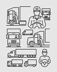 Truck Driver. Man Opening The Truck Door Vector Line Icons © SimonP