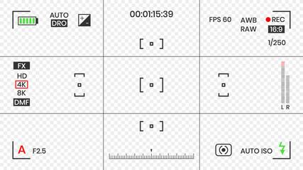 Camera viewfinder video or photo frame recorder flat style design vector illustration. Digital camera viewfinder with exposure settings and focusing grid template.