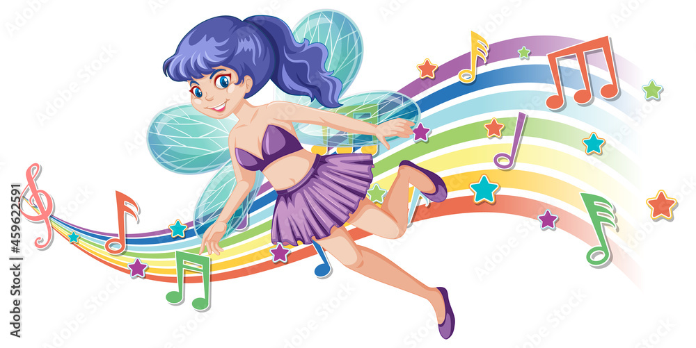 Wall mural cute fairy cartoon character with melody rainbow wave