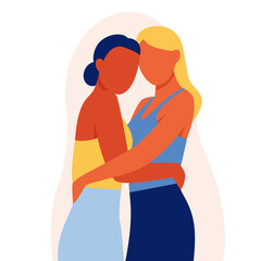 A woman embraces her friend and they look to each other. Concept of fighting for equality and female empowerment movement. Vector illustration. Two girlfriends hugging