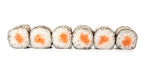 Tasty maki rolls with salmon on white background