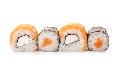 Delicious sushi rolls with philadelphia cheese and maki rolls with salmon on white background