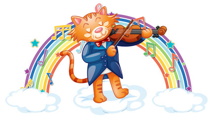 Cat playing violin with melody symbols on rainbow