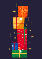 Vertical composition on tall stack of gift and present boxes and packages vector illustration. Ideal for Christmas or birthday web or graphic design
