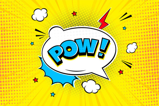 Pow comic speech bubble halftone shadow text expression retro comic style flat design. Dynamic pop art vector illustration isolated on dynamic ray background.