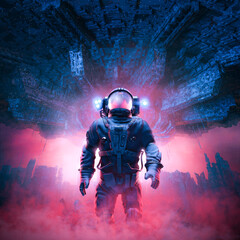 Astronaut exploring invaded ruins  - 3D illustration of science fiction space suit wearing character standing amid rubble in war torn futuristic city with giant space ship in the sky above - 459624505