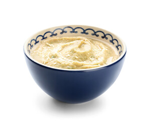 Bowl with tasty baba ghanoush isolated on white background