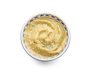 Bowl with tasty baba ghanoush isolated on white background