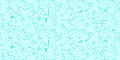 Seamless pattern with Medical personal protective equipment against coronavirus. Face mask, antiseptic, gloves. Vector outline background and texture in flat doodle style isolated