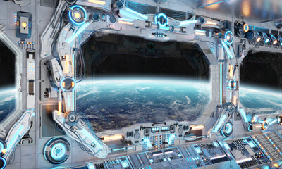 White spaceship interior with glowing blue and red lights. Futuristic spacecraft with large window view on planet Earth. 3D rendering © sdecoret