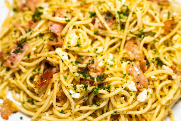 Close up view of a dish of spaghetti carbonara