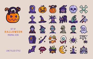 halloween line filled icon style vector set. Spooky and horror scary concept celebration isolated on dark background