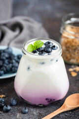 Greek yogurt with blueberries in a jar. Healthy food