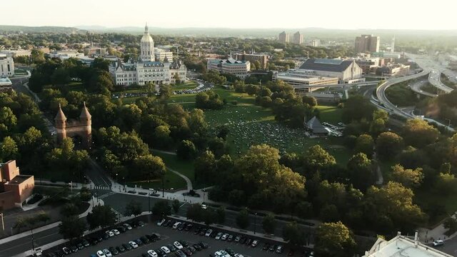 Aerial at Bushnell park with show at Performance Pavillion during sunset