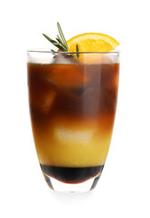 Glass of tasty coffee with orange juice on white background