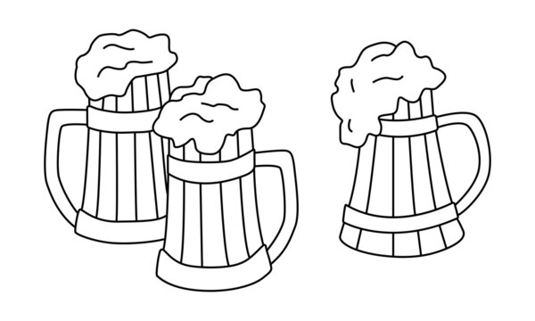 Vintage wooden mugs of beer or ale, with foam. Vector illustration in the doodle style. A design element for a poster, map, menu, logo, badge, beer day. Oktoberfest