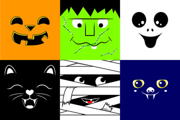 Cute portraits of halloween faces of pumpkin, ghost, black cat, mummy and bat. Cartoon vector illustration.