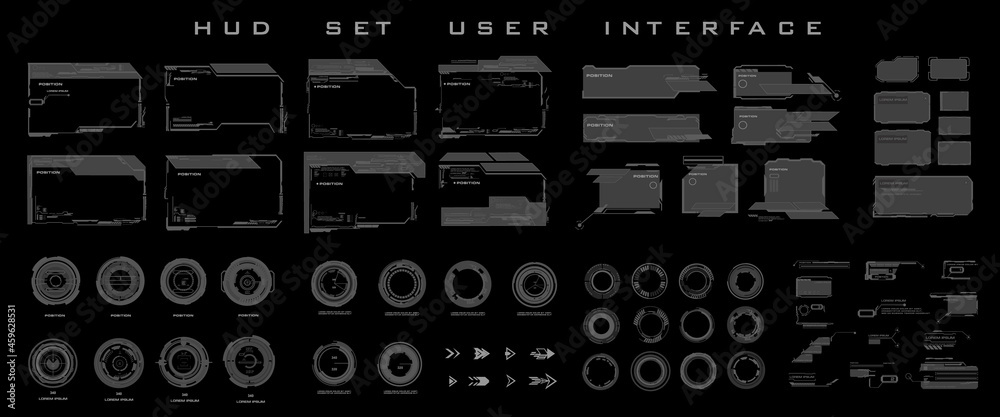 Poster big set frames, dialog boxes, targets, futuristic elements for navigating the game interface. set fu