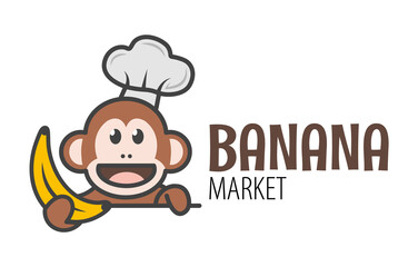 A cute monkey is holding a banana. Logo for the banana market. Funny icon with a ape.