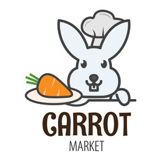 Obraz na płótnie Canvas A cute hare is holding a carrot. Logo for the carrot market. Funny icon with a rabbit.