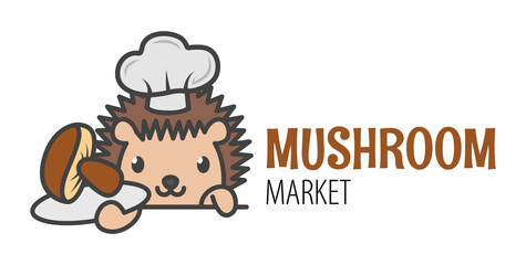 A cute Hedgehog is holding a mushroom . Logo for the mushroom  market. Funny icon with a Hedgehog.