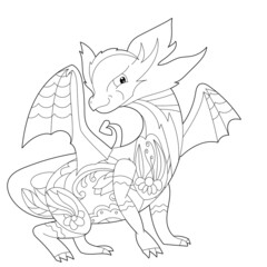 Fancy dragon on white background. Contour illustration for coloring book with fantasy reptile. Anti stress picture. Line art design for adult or kids in zentangle style, tattoo and coloring page.