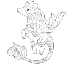 Fancy dragon on white background. Contour illustration for coloring book with fantasy reptile. Anti stress picture. Line art design for adult or kids in zentangle style, tattoo and coloring page.