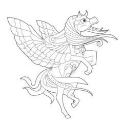 Fancy pegasus on white background. Contour illustration for coloring book with fantasy horse. Anti stress picture. Line art design for adult or kids in zentangle style, tattoo and coloring page.