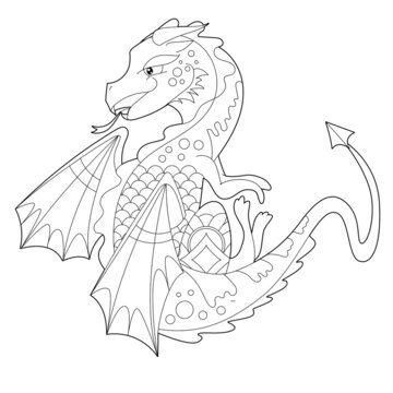 Fancy dragon on white background. Contour illustration for coloring book with fantasy reptile. Anti stress picture. Line art design for adult or kids in zentangle style, tattoo and coloring page.