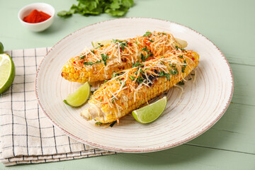 Plate with tasty Elote Mexican Street Corn on green wooden background