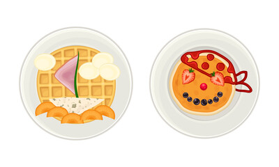 Creative pancakes and waffles served on plates set. Serving Ideas for healthy breakfast for kids cartoon vector illustration