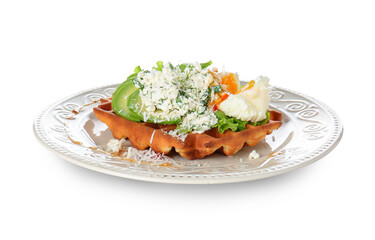 Tasty Belgian waffle with egg, avocado and cheese on white background
