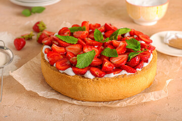 Sweet strawberry pie on color background