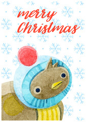Christmas card with a watercolor sparrow. Cute colorful bird in a knitted hat with a red pompom on the background of falling snowflakes. Christmas holiday poster. A Merry Christmas greeting card.
