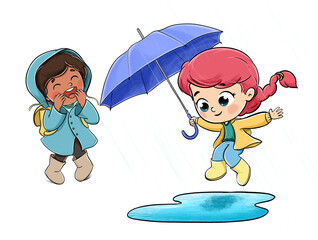 Girls playing in the rain jumping in a puddle - 459629953